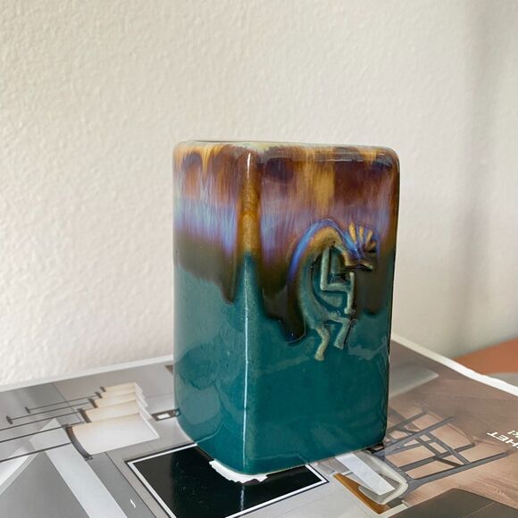 Signed Vintage‎ Mexican Pottery Padilla Kokopelli Flat Mug Drip Glaze Green Blue - Picture 4 of 16